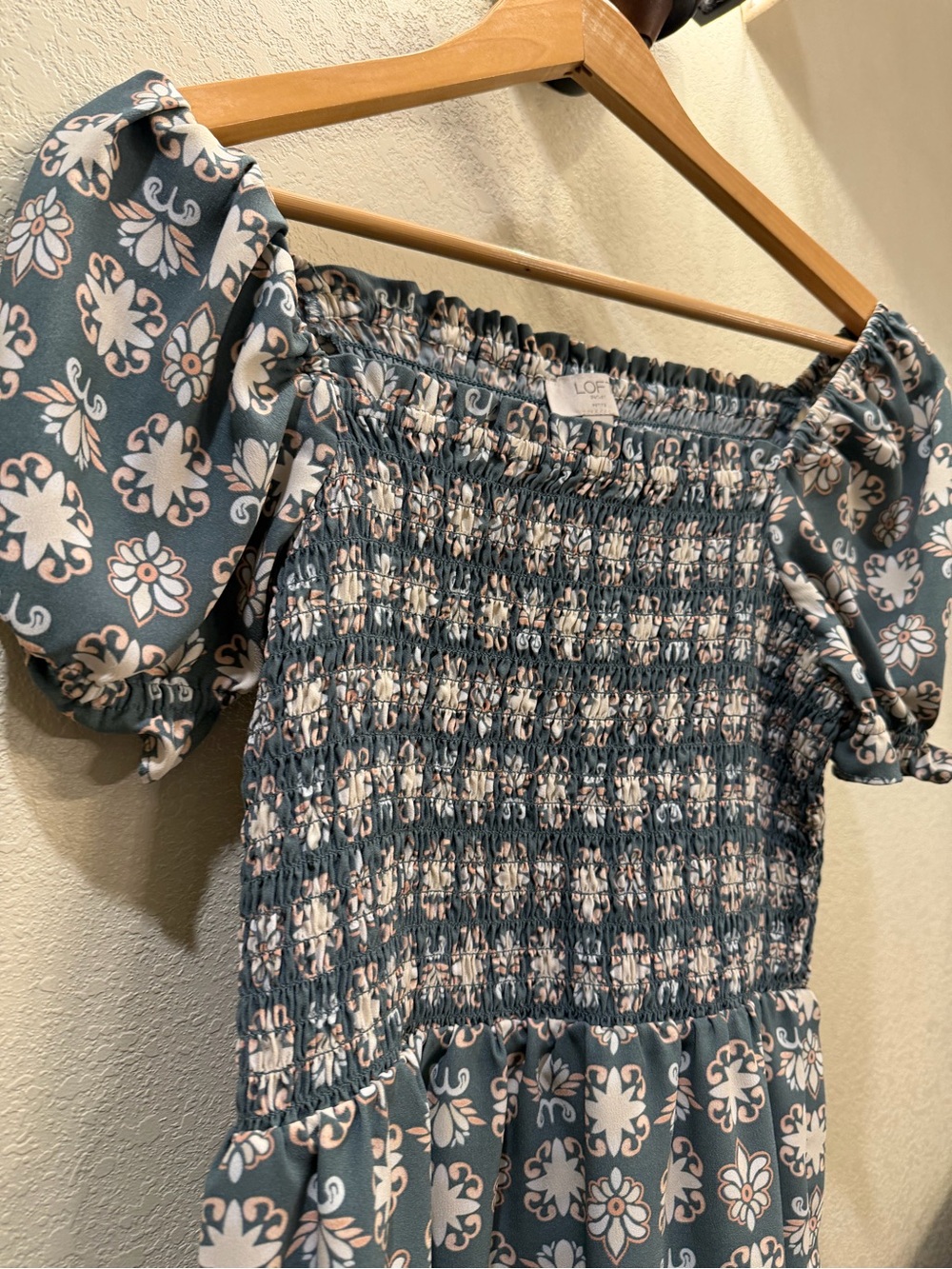 LOFT Teal and White Smocked Puff Sleeve Mini Dress
